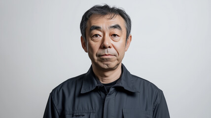 Obraz premium 真剣な表情で作業着を着る60代日本人男性の白背景スタジオ写真