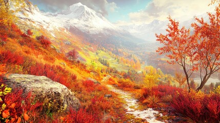 A vibrant autumn landscape with mountains, colorful foliage, and a winding path.