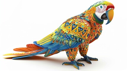 A stunning wooden macaw sculpture with hand-painted multicolored patterns, isolated on a white background.