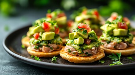 Mini Canapes with Smoked Salmon, Avocado, and Tomato.
