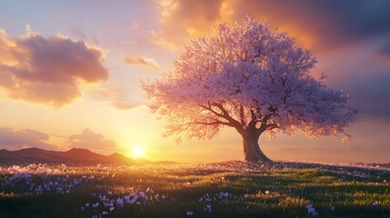 A magnificent and beautiful cherry blossom tree standing alone, with a beautiful view of the sunset in the afternoon