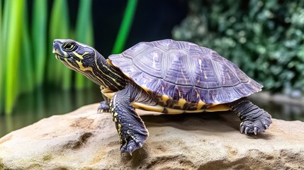 Fototapeta premium A turtle perched on a rock near water, showcasing its unique shell.