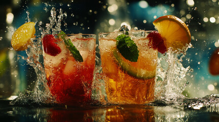 Water wave splash with fruits of juice drink, vector realistic 3D background. Ice tea juicy cocktail and tropical lemonade drink of orange, apple, peach or lemon and strawberry in water wave splash