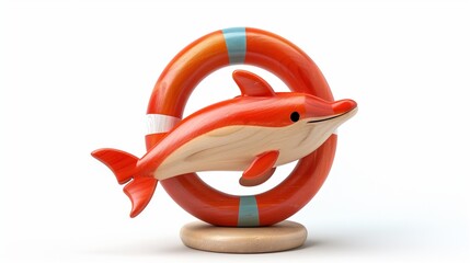 A vibrant wooden dolphin figurine holding a lifebuoy, symbolizing health and care, isolated in sharp detail.