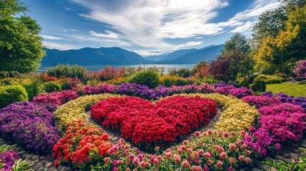 A vibrant garden featuring a heart-shaped flower arrangement amidst a scenic landscape with mountains and a lake in the background.