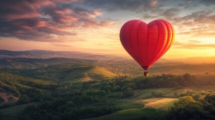 Obraz premium A vibrant heart-shaped hot air balloon floats above lush green hills during a picturesque sunset.