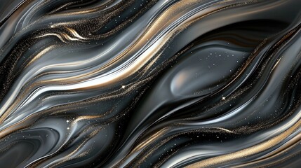Luxurious black and gold abstract background showcases a fluid marble texture with intricate golden swirls, ideal for wall art decorating.
