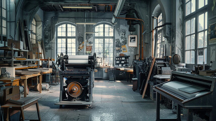 A dynamic printing press facility blends heritage methods with modern innovations. Large presses churn out high-quality prints, meeting demands for artistic expression and commercial use.