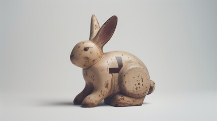 A wooden rabbit sculpture with a tiny medical cross painted on its side, isolated on a white surface.