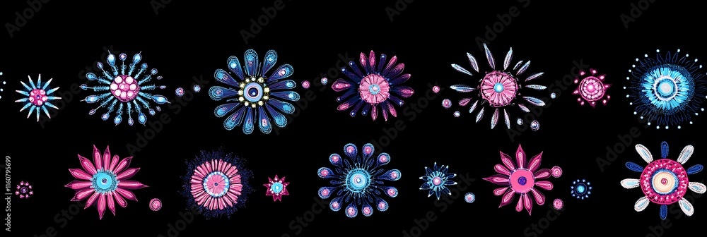 Poster vibrant floral seamless repeat pattern with dynamic colors on black background
