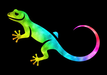 Naklejka premium トカゲの虹色グラデーションのシルエットイラスト 黒背景の切り抜き