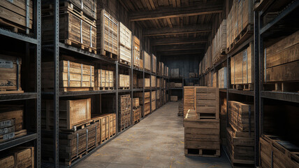 Fototapeta premium Organizing wooden crates and metal shelving warehouse storage area industrial environment perspective view efficiency concept