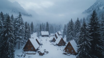 Snowy mountain cabins nestled in a winter wonderland.