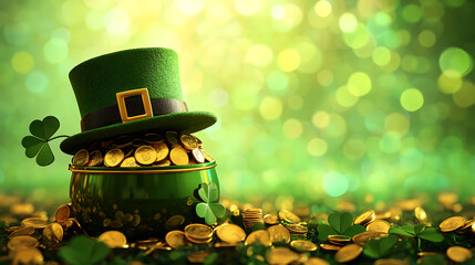 Lucky Irish Pot of Gold Beneath a Leprechaun Hat, A festive image of a vibrant green pot of gold overflowing with golden coins, nestled amongst lush green clover.