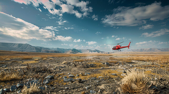 A mining helicopter lands on a remote plateau near an exploration site, carrying surveyors and equipment for a new mineral discovery operation.