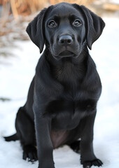 Adorable Black Labrador Puppy Sitting on Snow