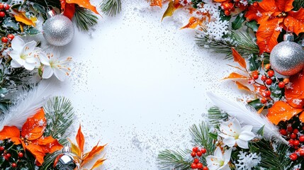 Festive Christmas Frame with Dragon Elements and Colorful Borders Featuring Seasonal Decorations like Ornaments, Flowers, and Holiday Foliage for Pop Art Enthusiasts