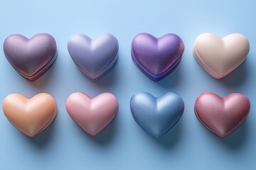 Obraz premium Heart-Shaped Boxes in Soft Pastel Colors on Blue Background, Romantic Gift Idea for Valentine's Day Concept