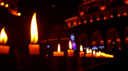 A photograph depicting warm candlelight illuminating distinct sections of a Dubai tourist scene, showcasing bold areas and flickering flames with a warm glow, split into divided sections