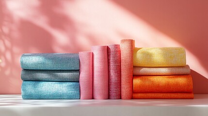 A stack of folded fabric pieces in various colours.