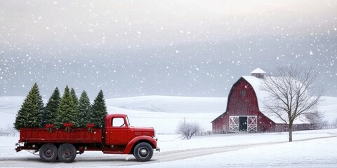 Red Truck Racing Through Winter Wonderland.