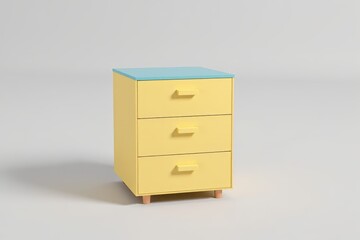 there is a yellow cabinet with three drawers on it