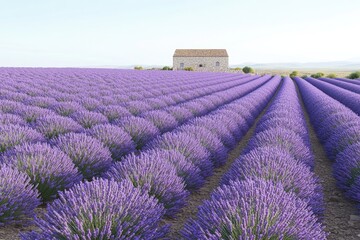 A scenic lavender field with a stone house in the background, showcasing nature's beauty.
