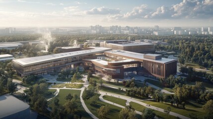 Fototapeta premium Aerial view of modern campus architecture in park-like setting.