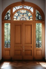 Obraz premium Victorian-style museum entrance showcases large wooden doors and stunning stained glass windows illuminated by sunlight
