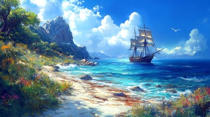 A serene seascape with a majestic ship sailing through crystal-clear waters.