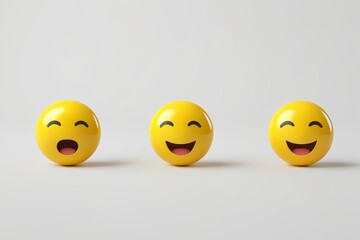 three yellow balls with different expressions are lined up in a row