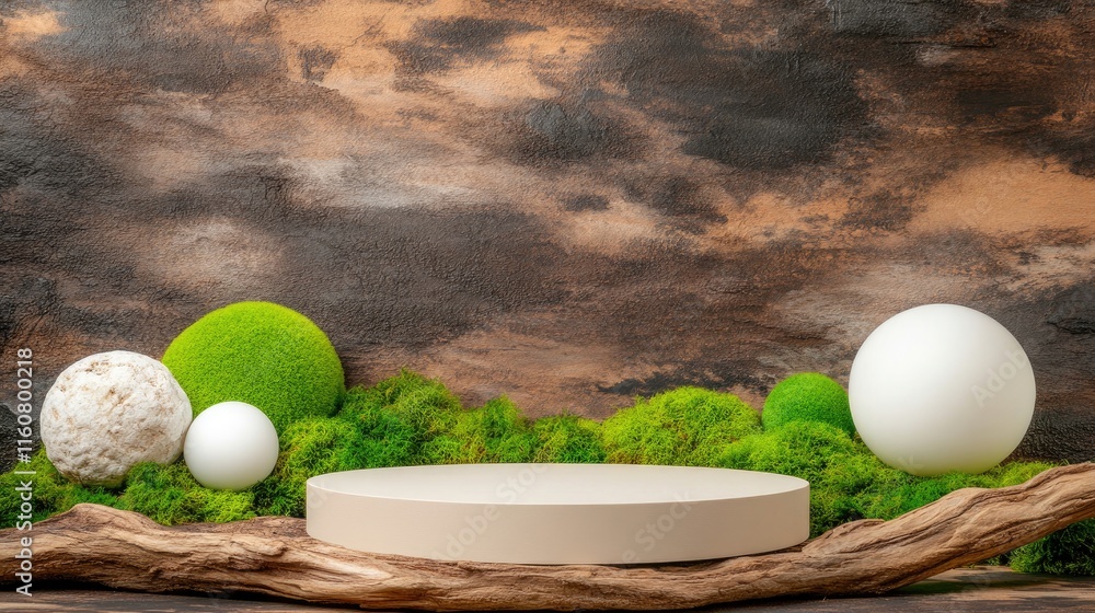 Poster medium-sized natural podium features moss and wood, providing an elegant setting for product display