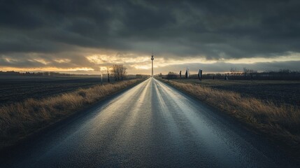 Dramatic sunset over a long, wet road leading to a distant tower.