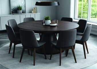 Bright Scandinavian dining room showcasing a round table surrounded by comfortable chairs and modern pendant lighting