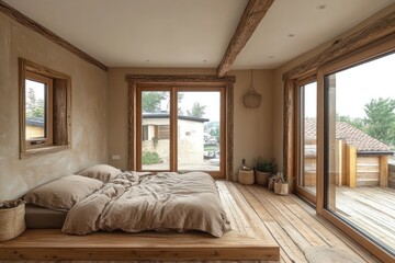 This Scandinavian bedroom showcases a cozy design with minimalist bedding and wooden furniture in a serene environment