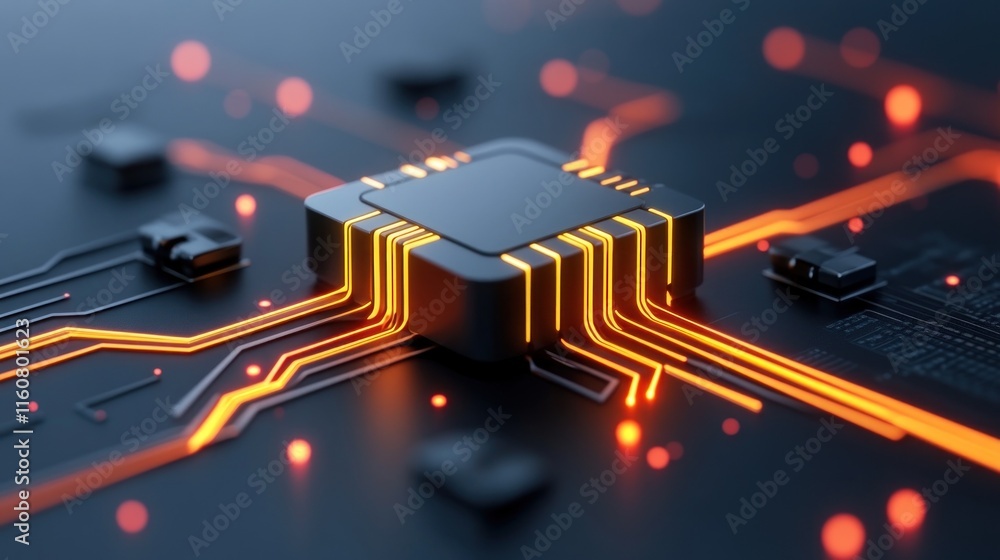 Poster a close-up of a microchip with glowing circuit connections.