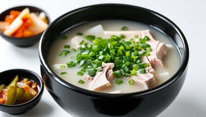 Delicious Seolleongtang Soup with Tender Ox Bone and Fresh Green Onions in Black Bowl