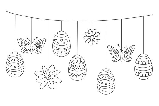 Easter garland with decorative eggs, butterflies and flowers. Vector illustration in hand drawn doodle style, black outline. Perfect for greeting cards, invitations, seasonal banners and coloring book