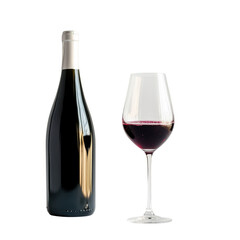 Elegant Red Wine Bottle Displayed Next to a Stemmed Glass Filled with Deep Red Wine Against a Simple Background, Perfect for Wine Lovers and Enthusiasts