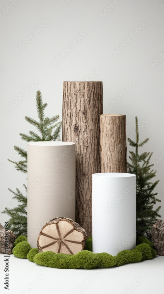 Poster medium-sized natural podium features moss and wood, providing an elegant setting for product display