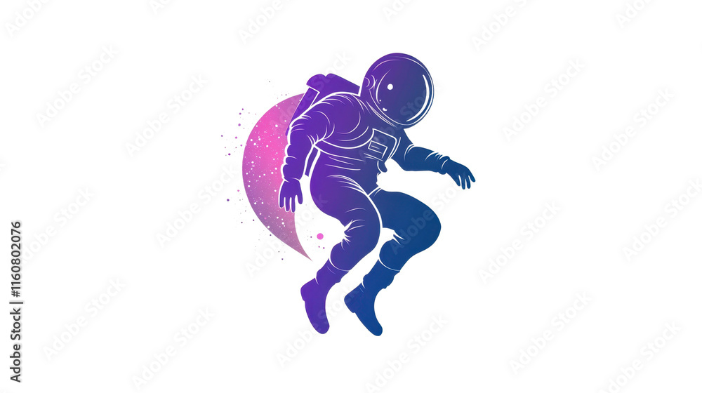 Poster astronaut in colorful outer space suit enjoying weightlessness while floating in a galaxy with vibra