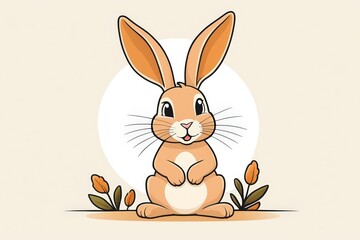 Obraz premium cartoon rabbit sitting on the ground with flowers and leaves