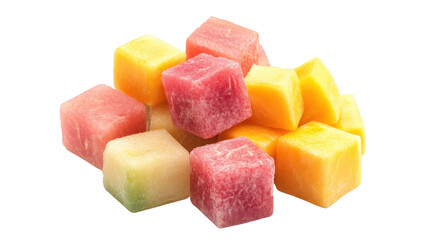 Assorted Colorful Frozen Cubes of Fruit: Watermelon, Pineapple, Mango, and Strawberry Ready to Add a Refreshing Touch to Your Favorite Desserts and Smoothies