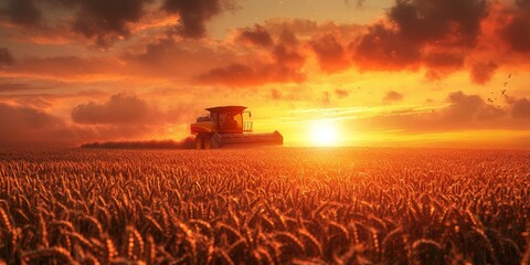 Combine Harvester in Golden Wheat Field at Sunset