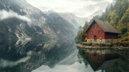 Fototapeta premium Red cabin on lake reflecting mountains.