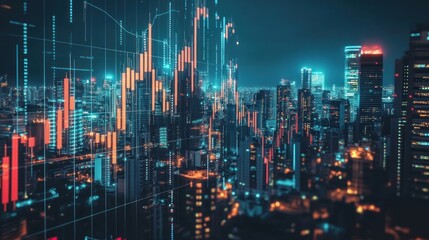 Fototapeta premium Night cityscape with superimposed stock market data. (1)