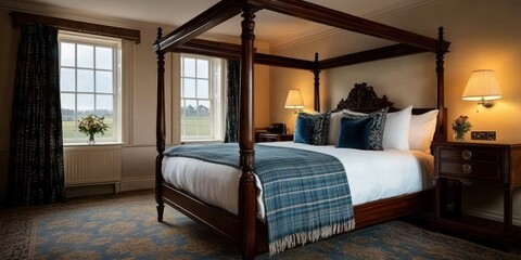 Obraz premium Relax in this luxurious master suite with a classic four-poster bed, elegant nightstands, and soft carpeting