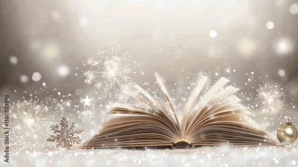 Poster magic book with light sparkles and shine. vector fairy tale book with open pages, magic shiny stars 