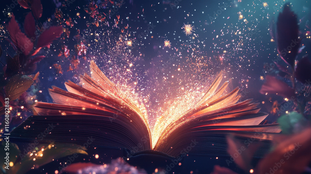Poster magic book with light sparkles and shine. vector fairy tale book with open pages, magic shiny stars 