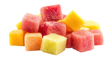 Colorful Cubes of Fresh Watermelon and Other Fruits Piled Together, Perfect for Healthy Snacks and Summertime Delights, Offering Vibrant and Refreshing Choices